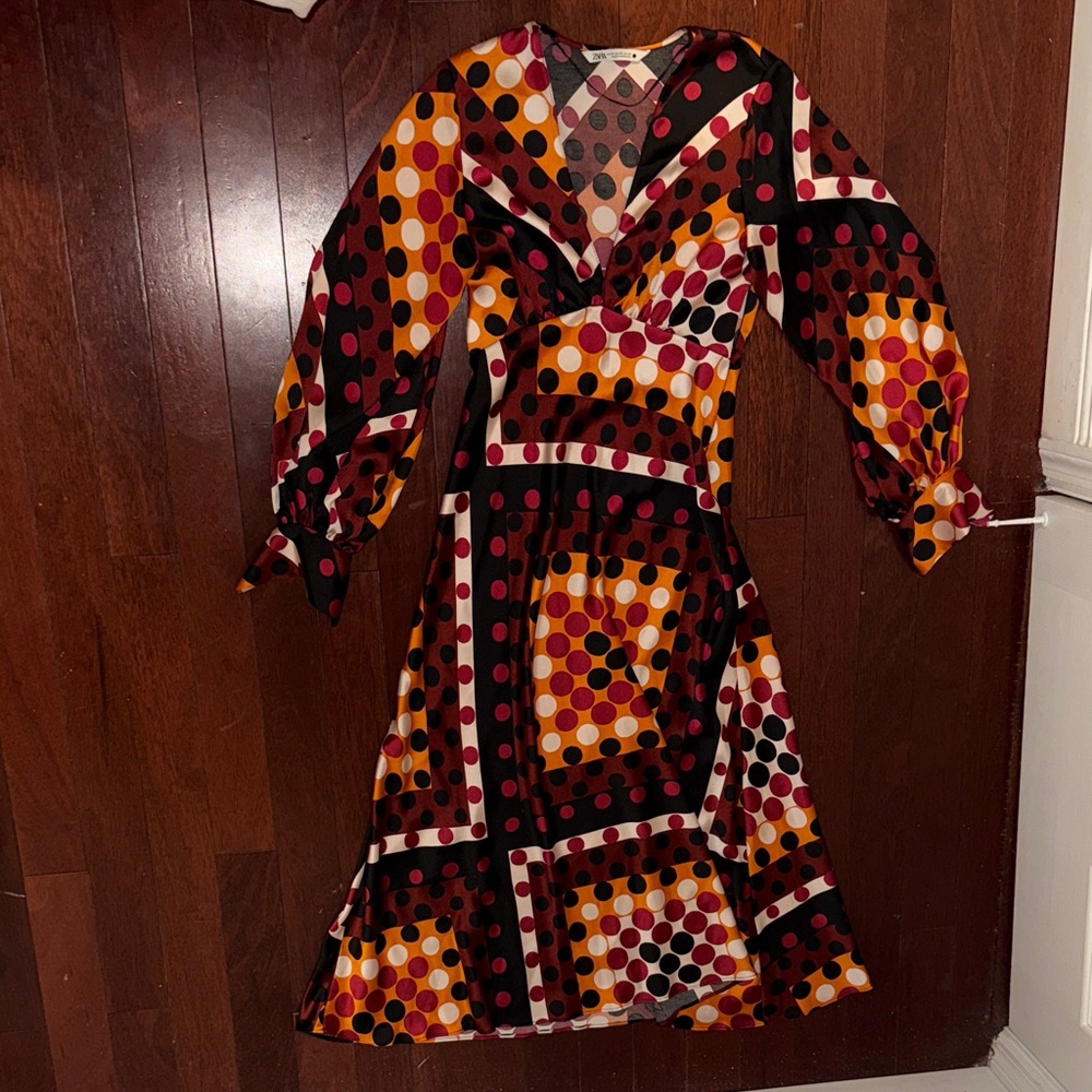Zara Long Sleeve Dress with Red, Orange, and Black Polka Dots